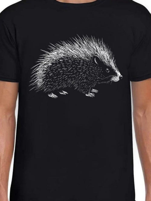 Men's Graphic T-Shirt Monochrome Forest Shadows And Spiky Quills With Alert Cautious Hedgehog