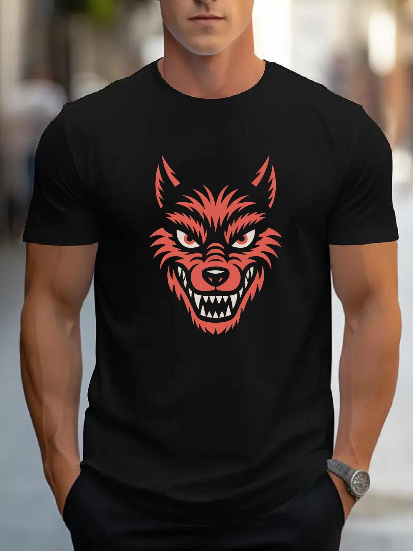 Men's Graphic T-Shirt Fiery Red Snarling Wild Beast Wolf Head Undercurrents Graphic Wolf