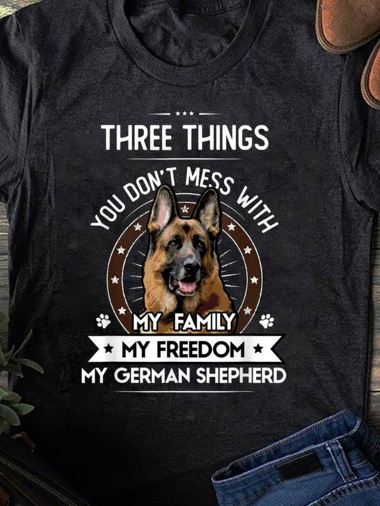 Women's Graphic T-Shirt Three Things You Dont Mess With My Freedom My German Shepherd Surrounded By Stars And Paw Prints German Shepherd