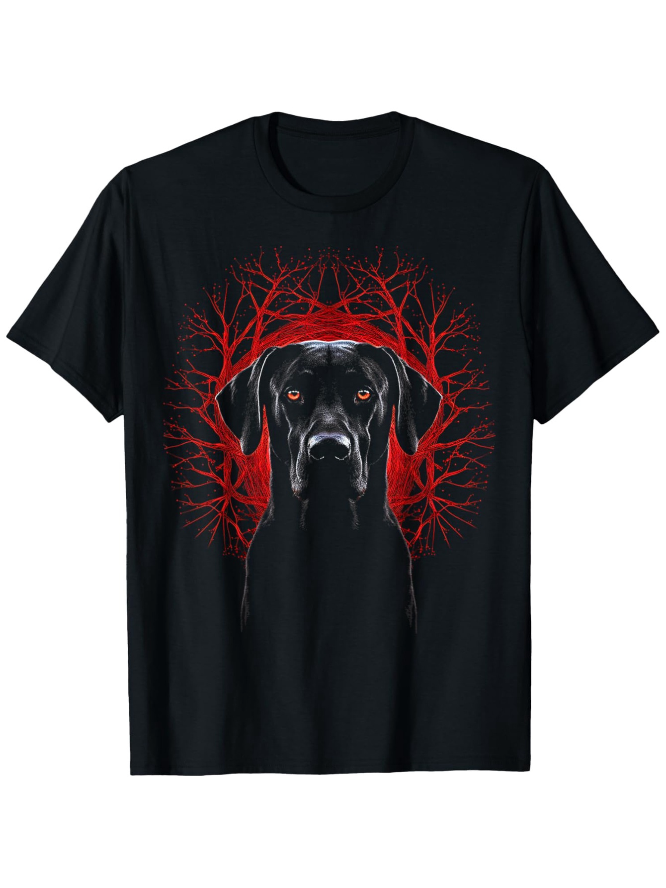 Men's Graphic T-Shirt Red Vivid Branches Surrounding Intense Shadowy Black Dog Portrait