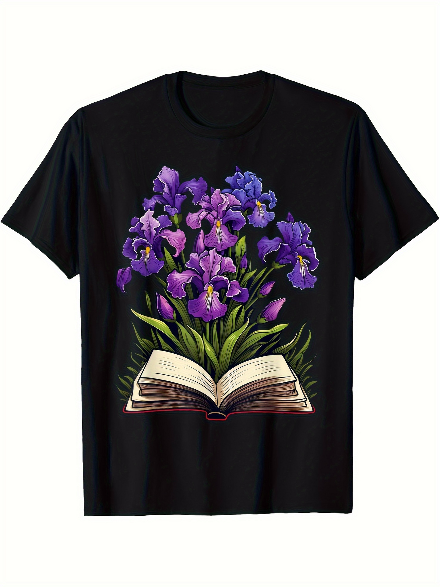 Men's Graphic T-Shirt Blooming Purple Irises Emerging Gracefully From An Open Old Book