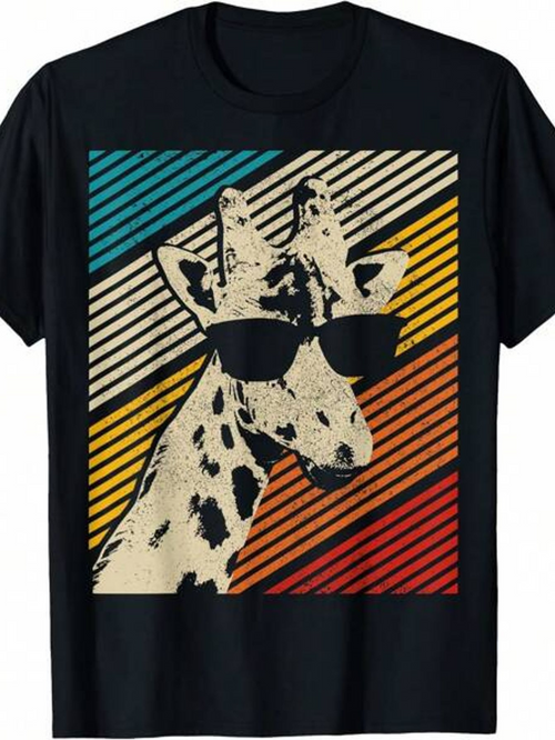 Men's Graphic T-Shirt Retro Sunset Stripes With Cool Giraffe Wearing Sunglasses Graphic Giraffe