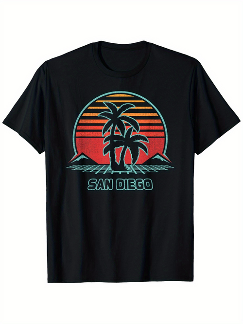 Men's Graphic T-Shirt San Diego Vibrant Sunset With Palm Trees And Ocean Waves