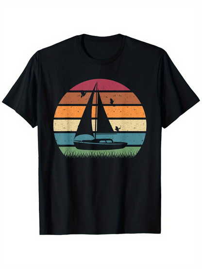 Men's Graphic T-Shirt Sailing At Sunset With Gradient Stripes And Flying Birds Sailboat