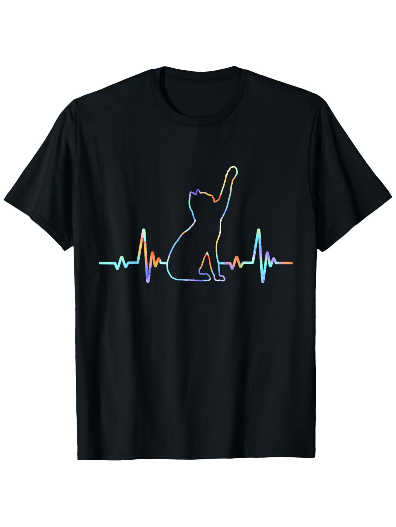 Men's Graphic T-Shirt Neon Pulse Line With Playful Cat Silhouette Sitting Among Vibrant Heartbeat