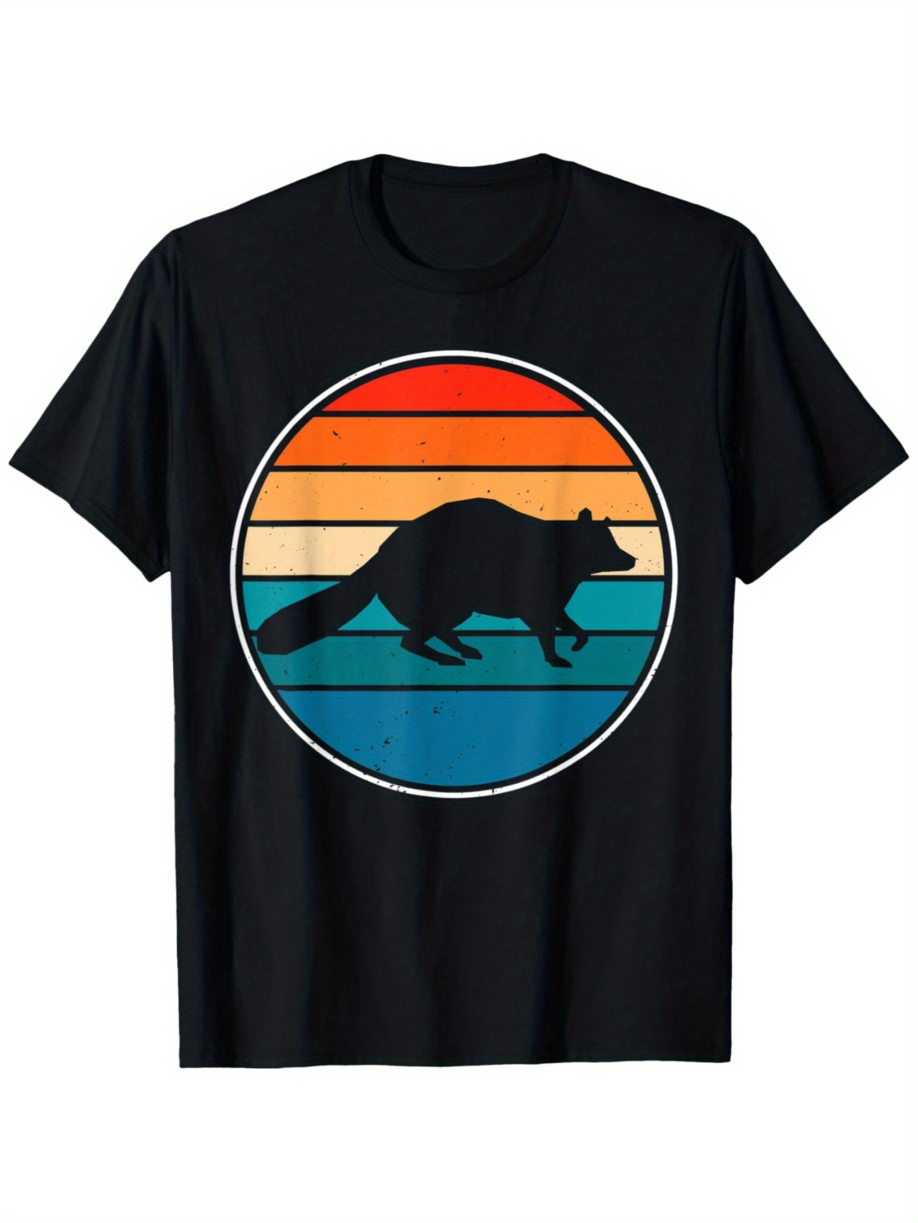 Men's Graphic T-Shirt Retro Striped Sunset Silhouette With Running Raccoon In Center Circle Raccoon