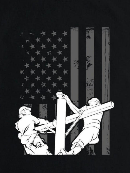 Men's Graphic T-Shirt Working Linemen Against Faded American Flag Background