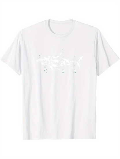 Men's Graphic T-Shirt Minimal White T Shirt With Abstract Lines Subtle Shark Motif