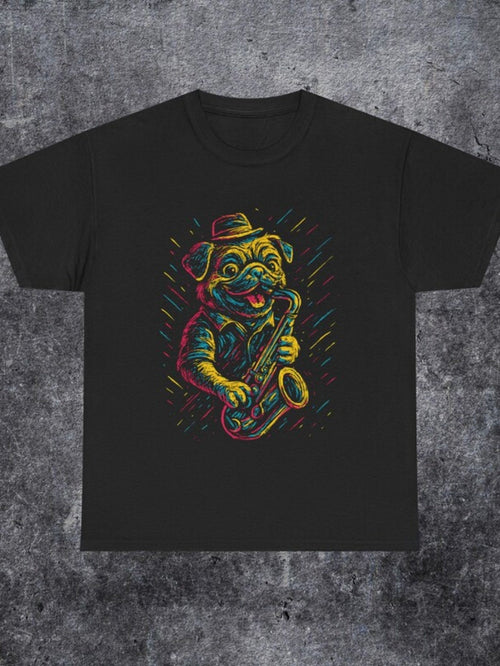 Men's Graphic T-Shirt Colorful Lights With Playful Hat Jazz Playing Musician Dog
