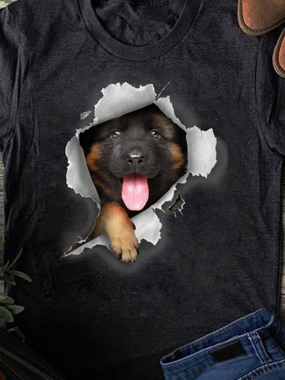 Men's Graphic T-Shirt Playful Fluffy Puppy Emerging Through Torn Paper Wall