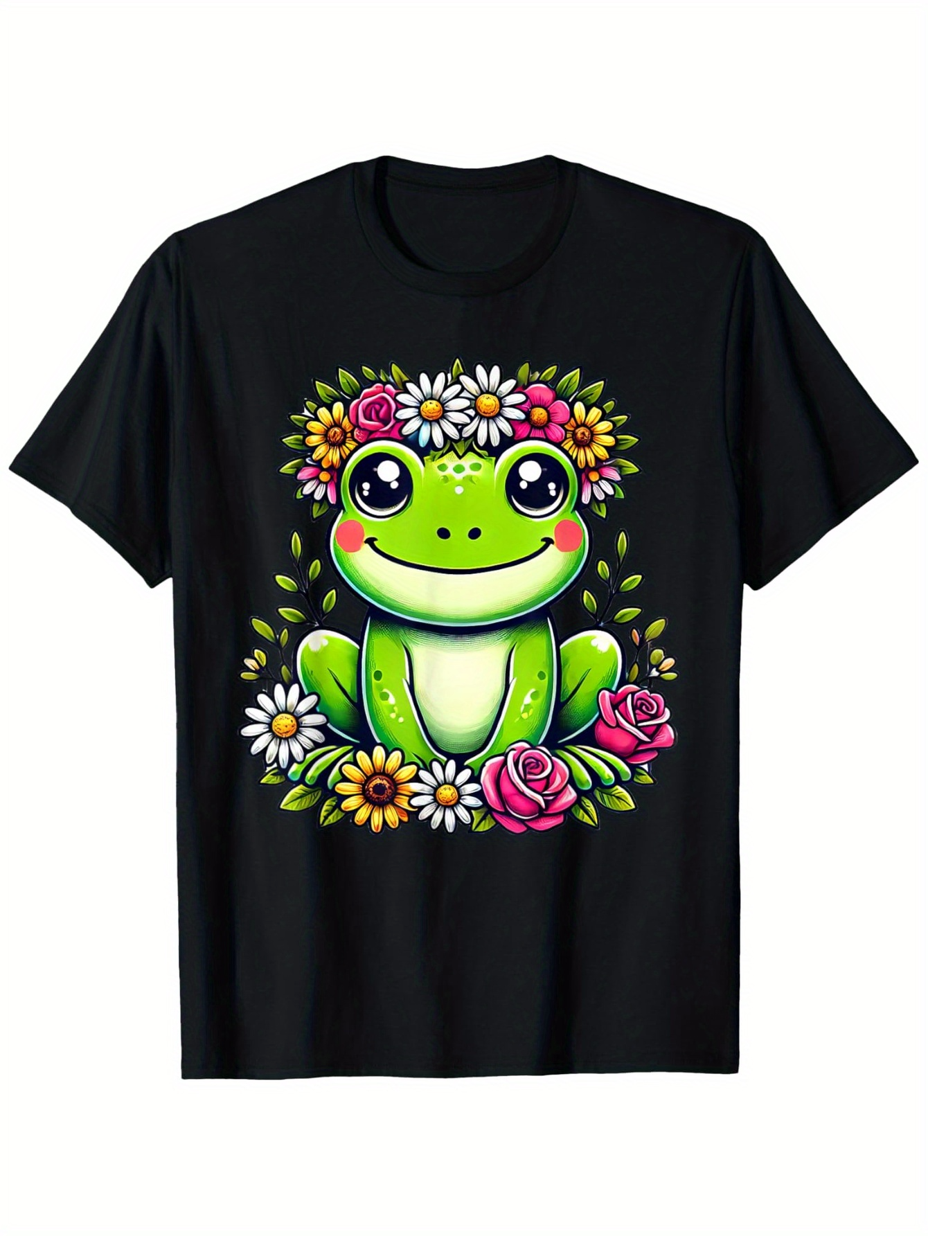 Men's Graphic T-Shirt Cartoon Frog With Colorful Blossoms And Bright Daisy And Rose Flowers Frog