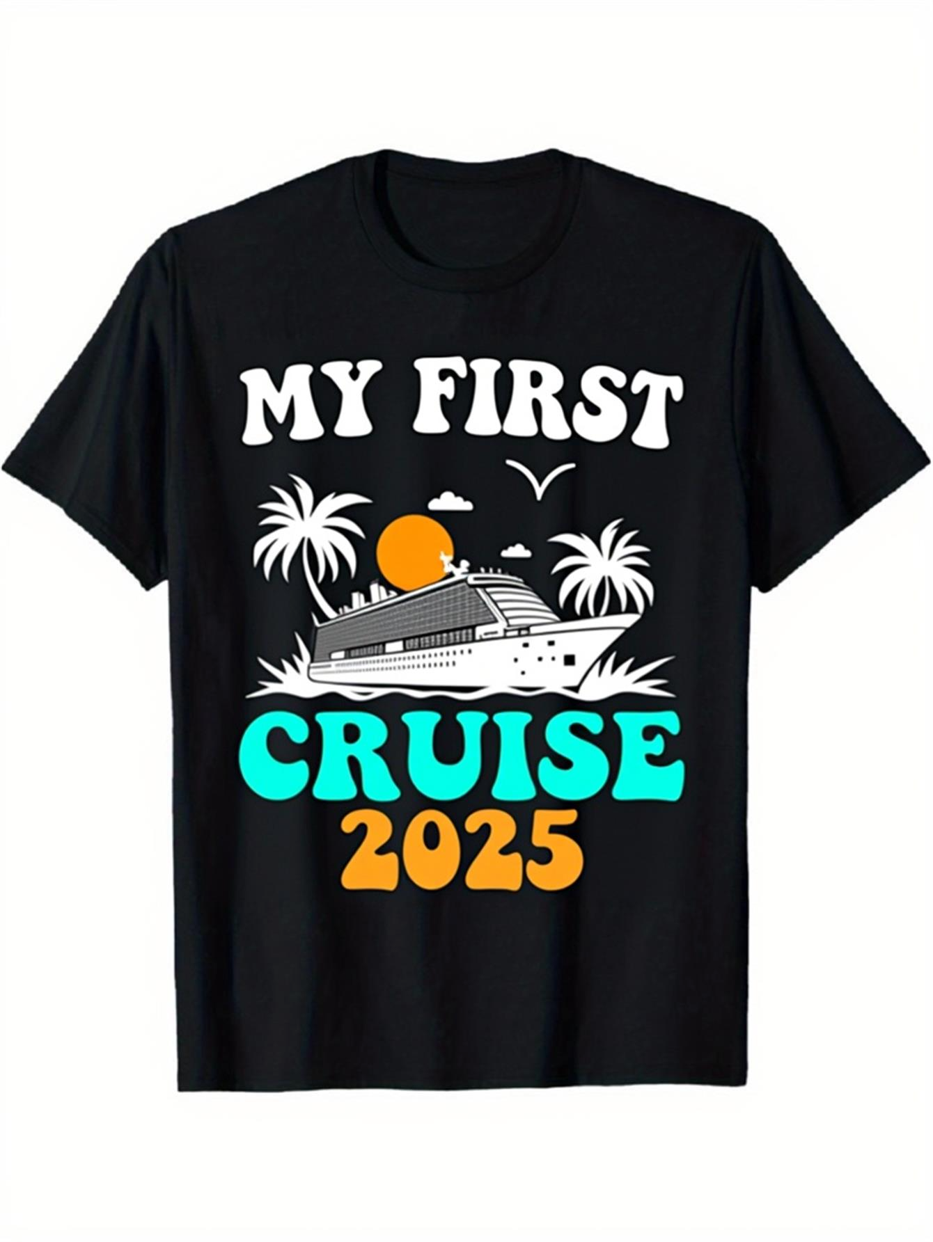 Men's Graphic T-Shirt My First Cruise 2025 Sunset Palms With Seagull Island Ship