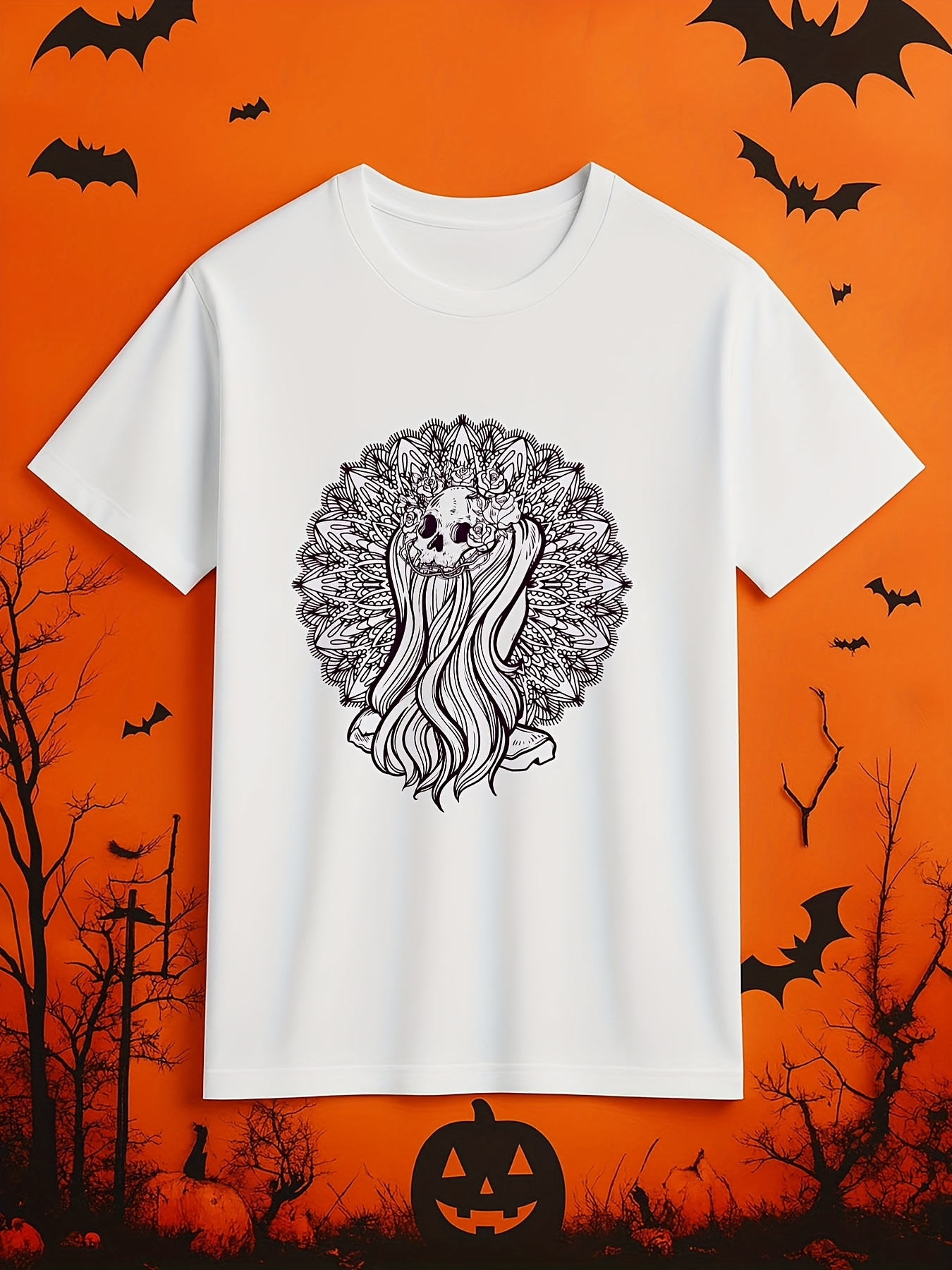 Men's Graphic T-Shirt Gothic Halloween Moonlit Night With Flowing Mysterious Hair Woman Skull