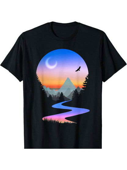Men's Graphic T-Shirt Soothing Dusk Twilight Sky With River Mountains Trees And Flying Bird