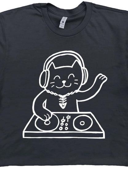 Men's Graphic T-Shirt Playful Cat With Headphones At DJ Turntable Decks Party Scene Cat