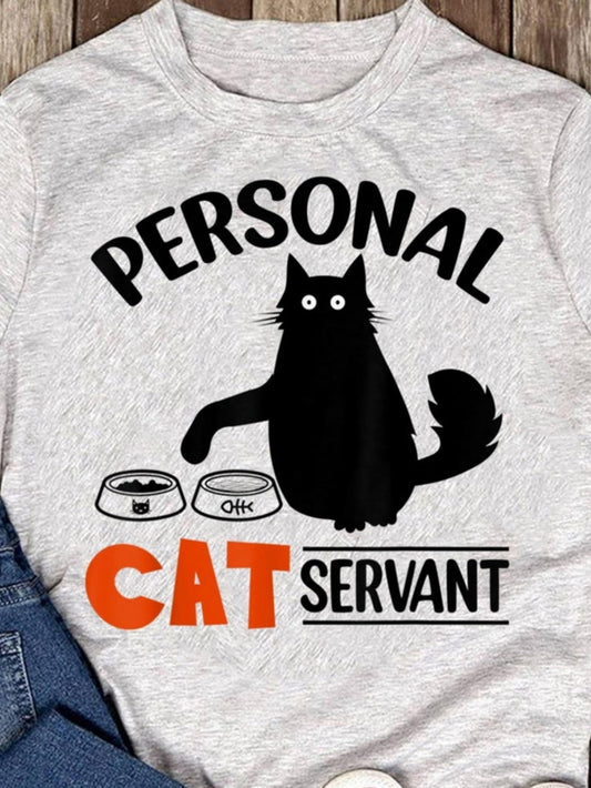 Women's Graphic T-Shirt Personal Cat Servant Playful Black Cat With Food Bowls Illustration