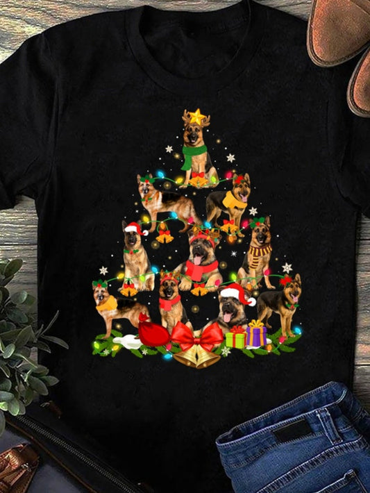 Women's Graphic T-Shirt Christmas Tree Formed By Dogs With Gifts And Festive Decorations