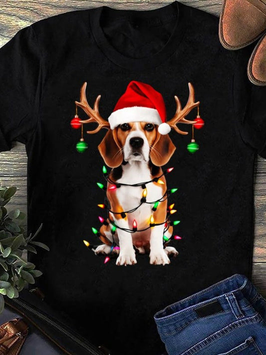 Women's Graphic T-Shirt Festive Holiday Dog With Antlers Santa Hat Lights Beagle