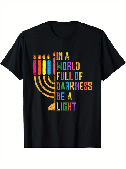 Men's Graphic T-Shirt Colorful Menorah With Shining Candles And Positive Message Light