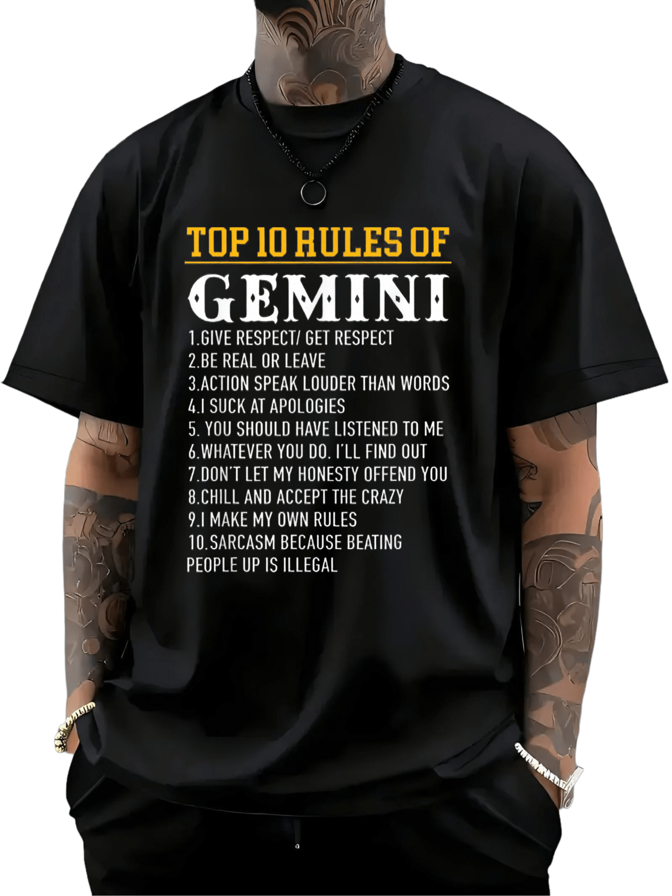 Men's Graphic T-Shirt Top Ten Rules Statement With Bold Gemini Typography On Black T Shirt