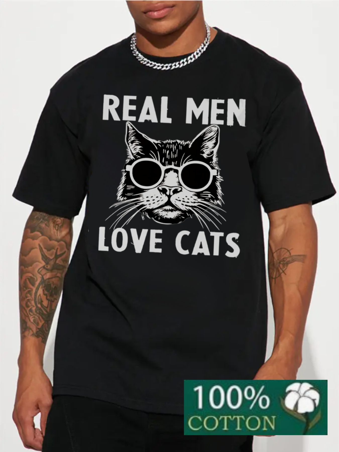Men's Graphic T-Shirt Real Men Love Cats Cool Sunglasses Wearing Playful Sketch Cat