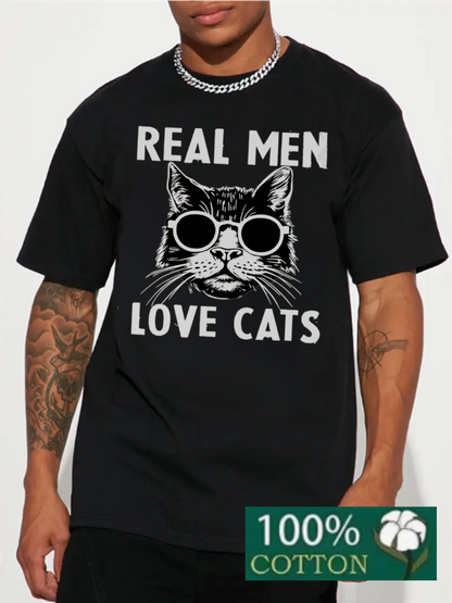 Men's Graphic T-Shirt Real Men Love Cats Cool Sunglasses Wearing Playful Sketch Cat