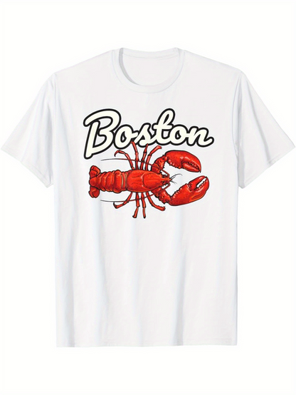 Men's Graphic T-Shirt Boston Bold Red Lobster Under Curved Script Lettering Lobster