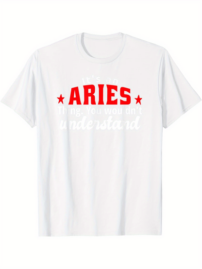 Men's Graphic T-Shirt Bold Red Stars With Aries Typography Centered On White Shirt