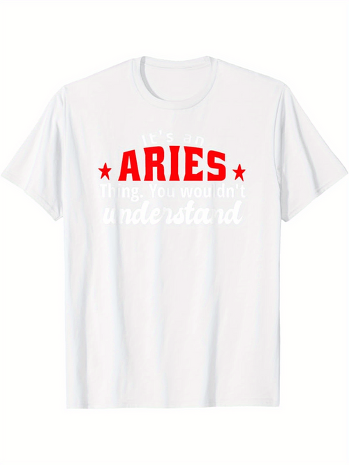 Men's Graphic T-Shirt Bold Red Stars With Aries Typography Centered On White Shirt
