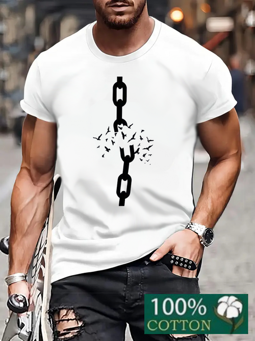 Men's Graphic T-Shirt Broken Chains With Flying Birds Escaping Through The Open White T Shirt