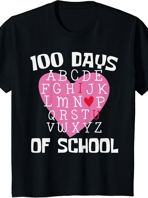Men's Graphic T-Shirt 100 Days Of School With Pink Heart Alphabet Letters Shirt