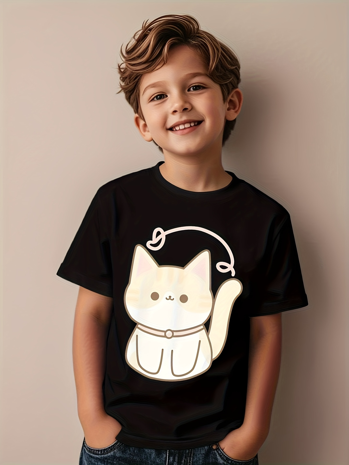 Men's Graphic T-Shirt Playful Cartoon Style Cat With Cream Colored Fur