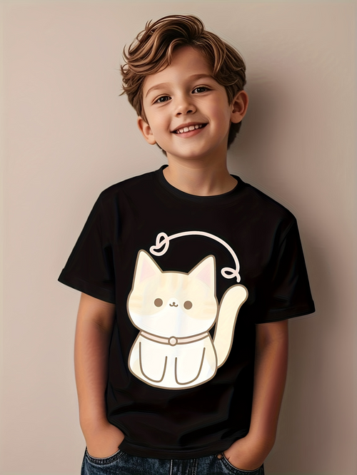 Men's Graphic T-Shirt Playful Cartoon Style Cat With Cream Colored Fur