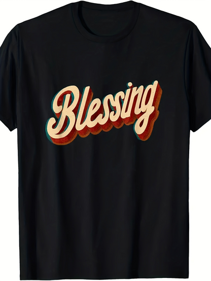 Men's Graphic T-Shirt Blessing Retro Shadowed Typography On Black Short Sleeve T Shirt