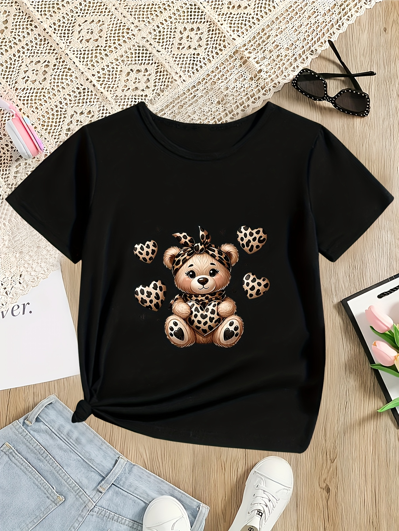 Men's Graphic T-Shirt Playful Leopard Pattern Brown Teddy Bear Surrounded By Floating Hearts