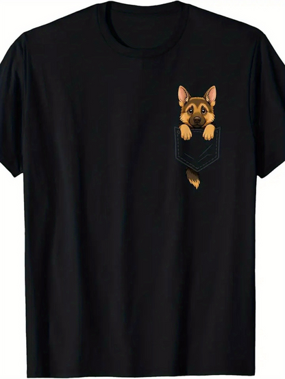 Men's Graphic T-Shirt Playful German Shepherd Peeking From Small Pocket On Black T Shirt