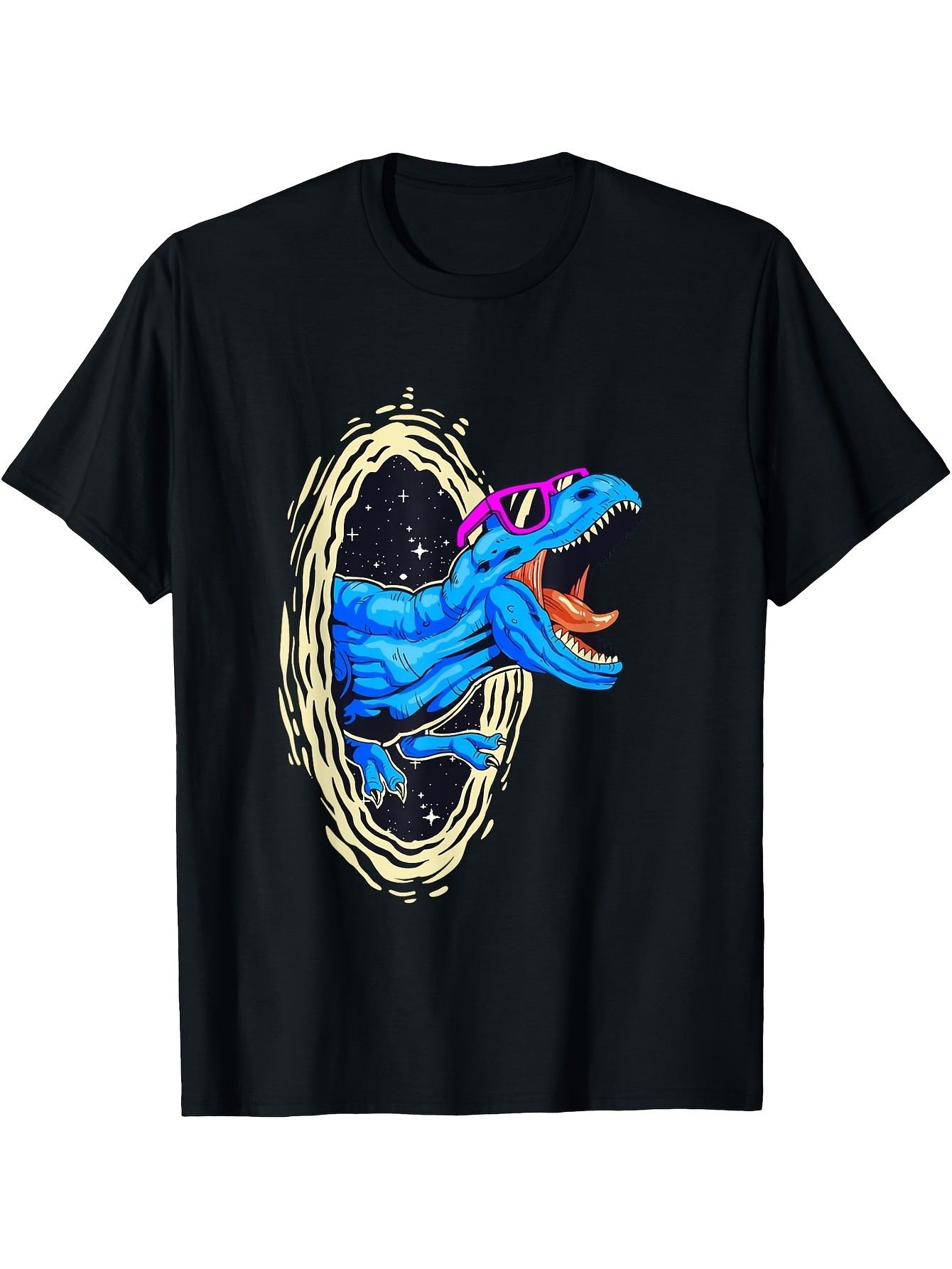 Men's Graphic T-Shirt Retro Blue Dinosaur With Neon Sunglasses Emerging From Glowing Portal