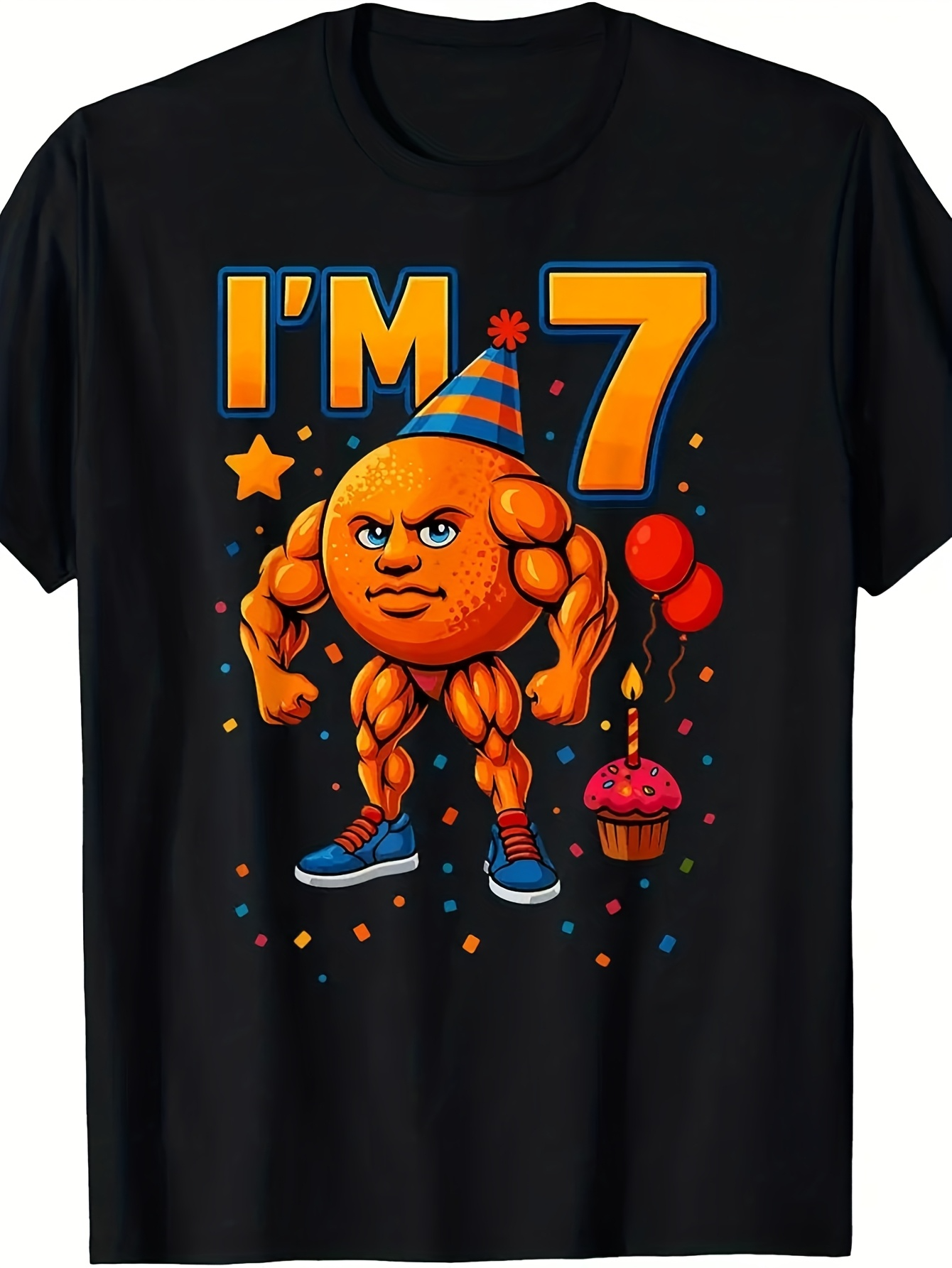 Men's Graphic T-Shirt Im Seven Birthday Party Balloons With Cupcake And Strong Orange