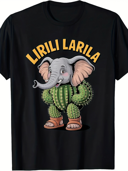 Men's Graphic T-Shirt LIRILI LARILA Spiky Green Cactus Body On Cartoon Elephant