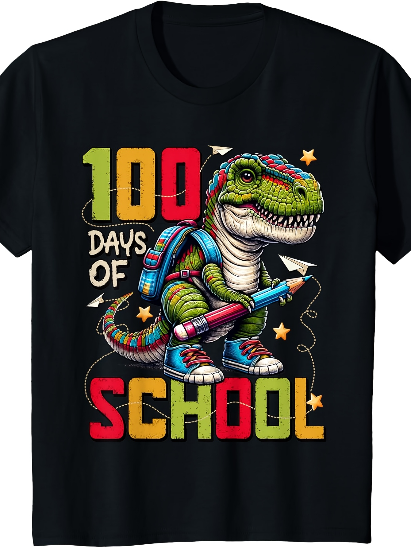 Men's Graphic T-Shirt One Hundred Days Of School Colorful Backpack Wearing Dinosaur