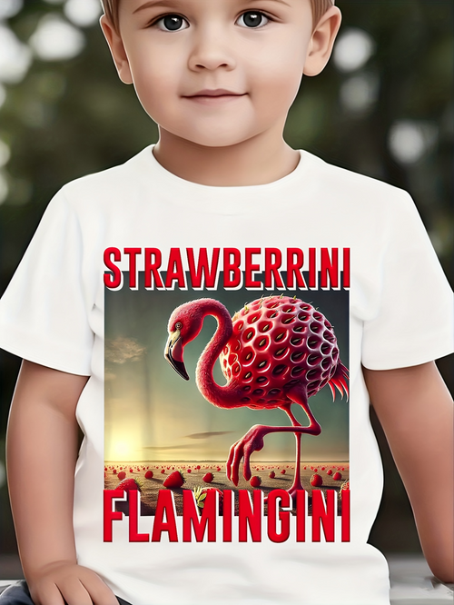 Men's Graphic T-Shirt Strawberrini Flamingini Surreal Sunset Beach With Whimsical Strawberry Flamingo