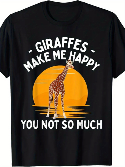 Men's Graphic T-Shirt Giraffes Make Me Happy With A Golden Sunset And Standing Giraffe
