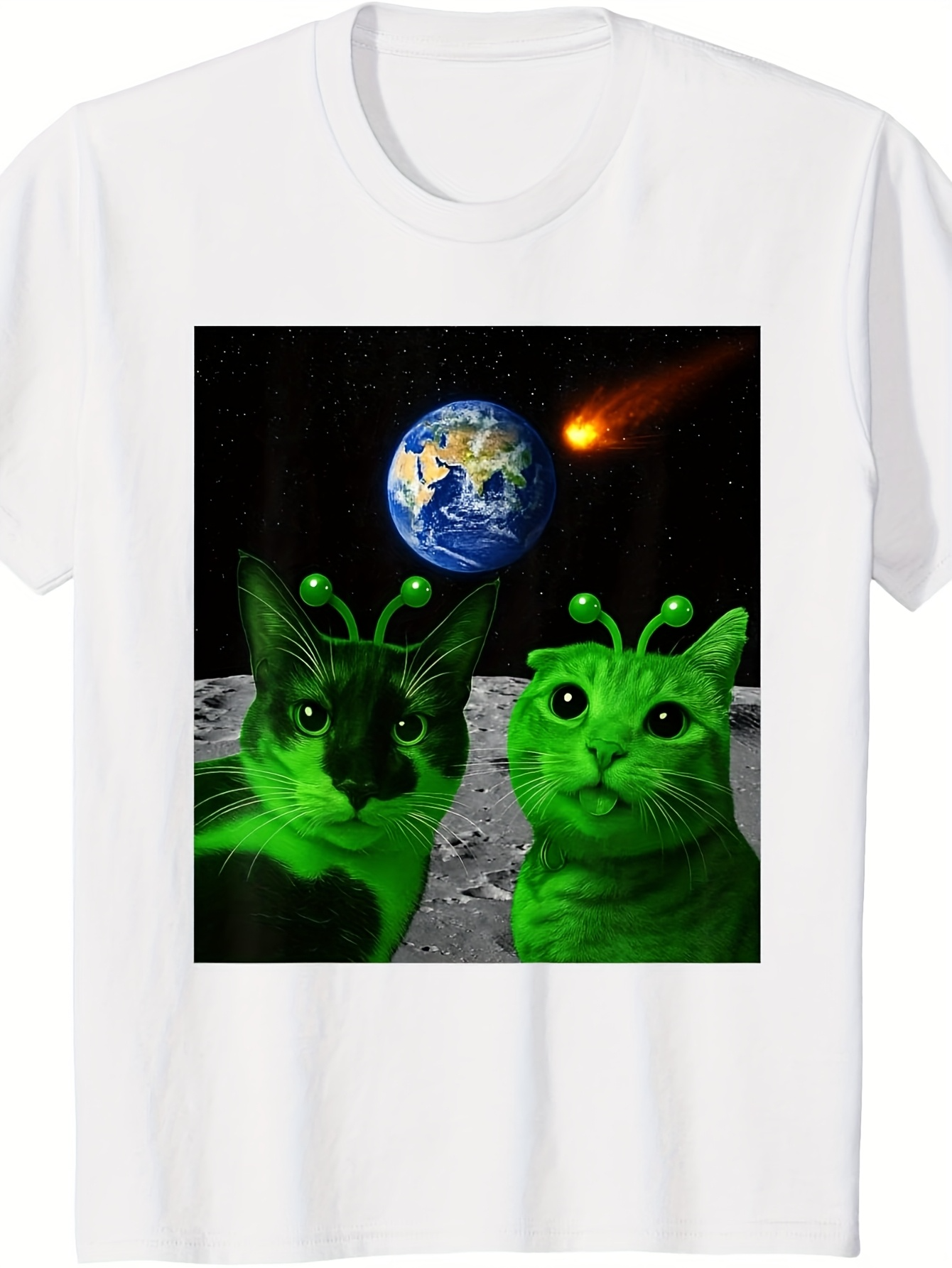 Men's Graphic T-Shirt Green Alien Cats On Moon With Earth In Distant Space