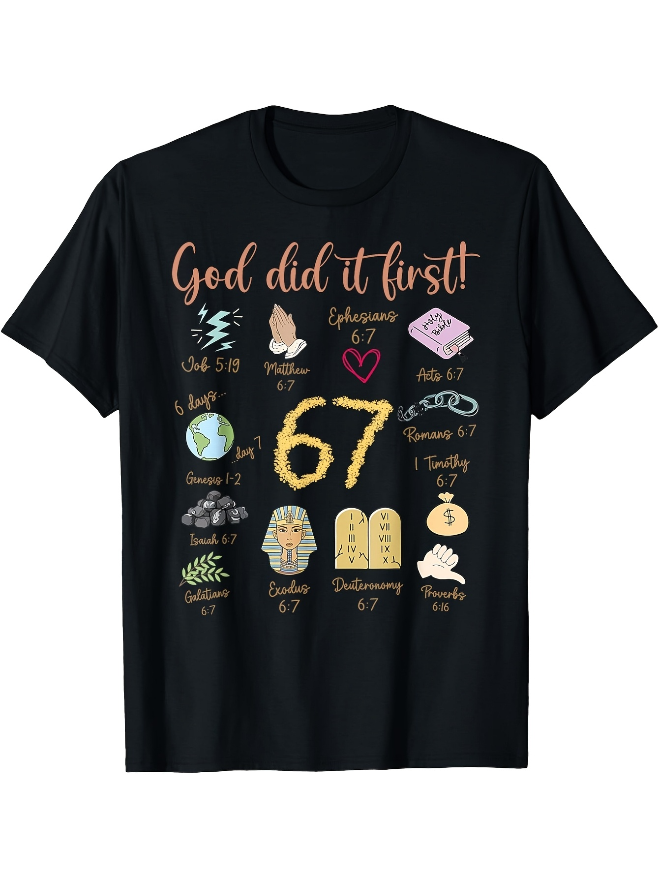 Men's Graphic T-Shirt God Did It First Colorful Religious Icons And Number 67 Surrounded By Illustrations