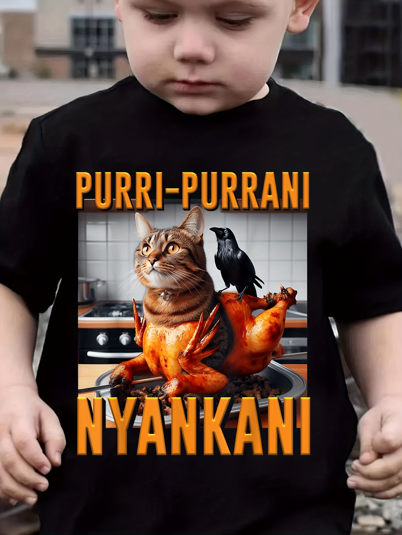 Men's Graphic T-Shirt Purri Purrani Nyankani Roasted Chicken With Cat And Crow Perched Inside Kitchen