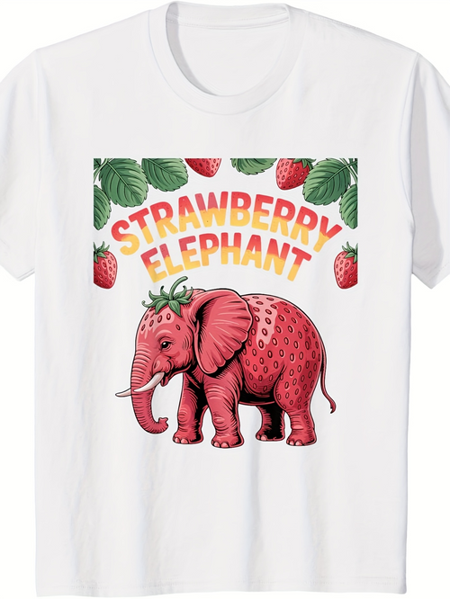 Men's Graphic T-Shirt Strawberry Elephant Surrounded By Berries And Lush Green Leaves Elephant
