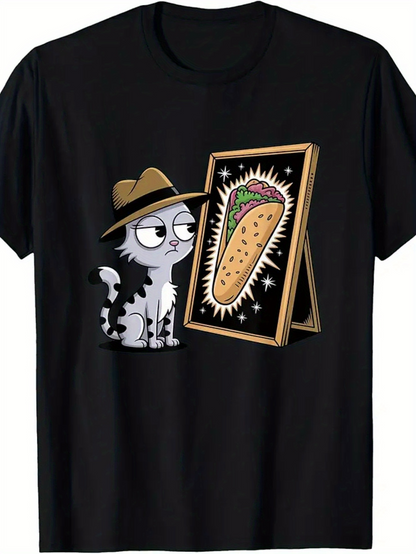 Men's Graphic T-Shirt Curious Cat With Hat Admiring Delicious Sparkling Taco Drawing