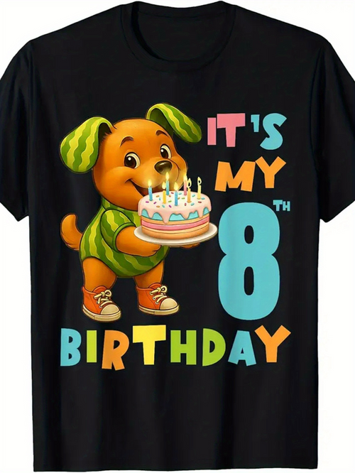 Men's Graphic T-Shirt Its My Birthday Colorful Letters With Cartoon Dog And Birthday Cake