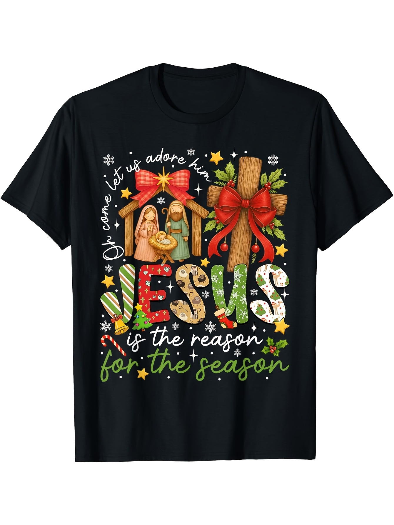 Men's Graphic T-Shirt Jesus Is The Reason For The Season Colorful Christmas Art With Nativity Scene Jesus