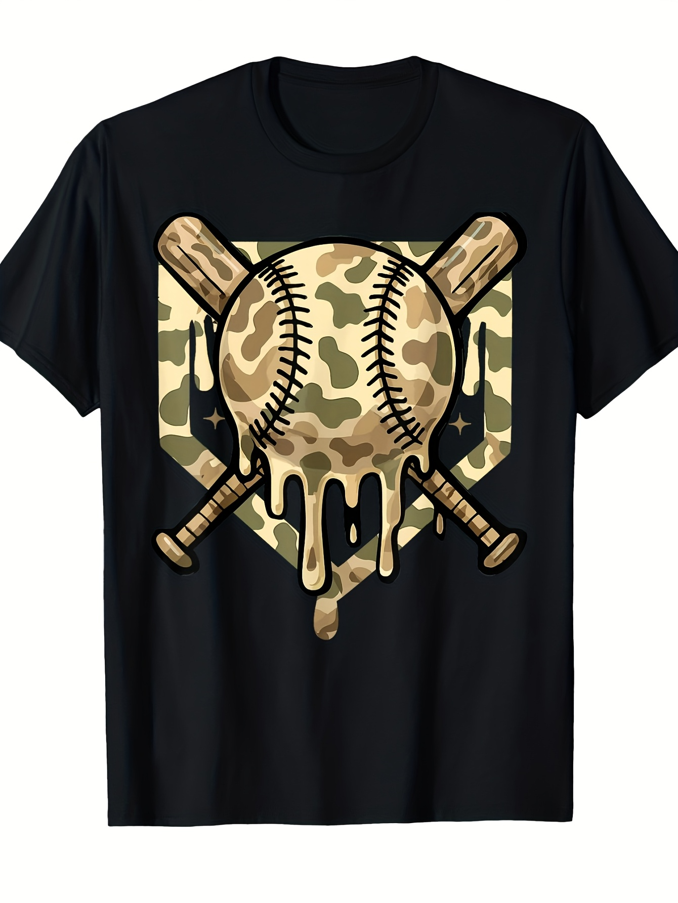 Men's Graphic T-Shirt Camouflage Dripping Baseball With Crossed Wooden Bats Home Plate